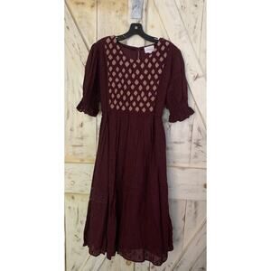 Bohme Embroidered Midi Dress Wine Sz XL Boho Smocked Cottagecore 100% Cotton‎